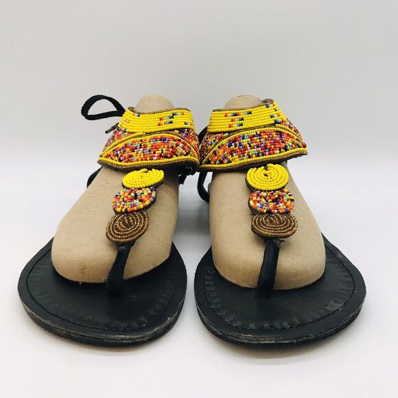 African Maasai Handcrafted Beaded Sandals Women's 9 Black Genuine Leather Kenya - Picture 3 of 9